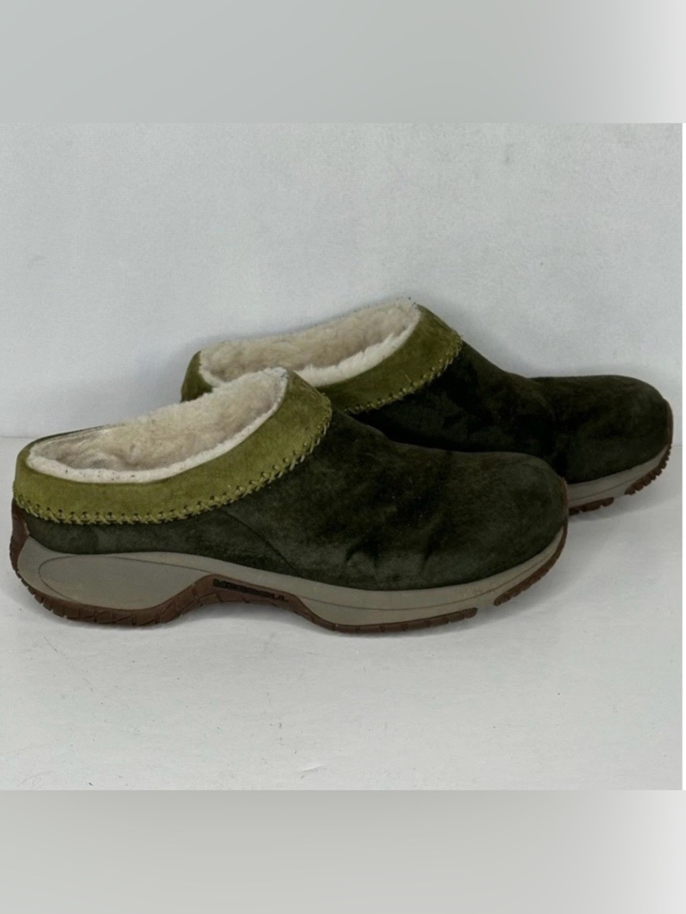 Merrell Encore Chill Stitch Fir Olive Green Suede Slip On Mules Clogs-Womens 8